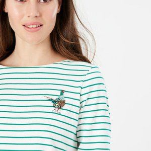 Joules Women’s Harbour Embroidered Jersey Top – Green Pheasant Stripe - Size 2